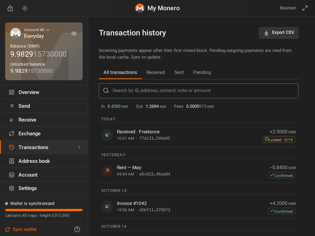 Wallet transaction history